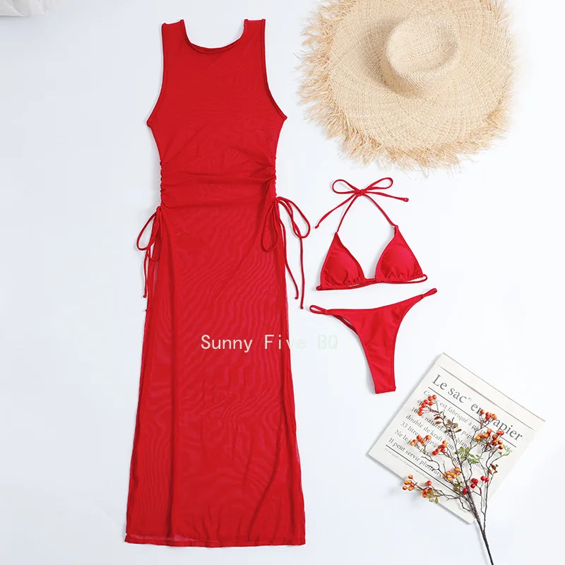 

2022 New Mesh Three-Piece Split Swimsuit Pure Color Bikini Mesh Beachwear Women Elegant Women's Sets beach swimsuit cover ups
