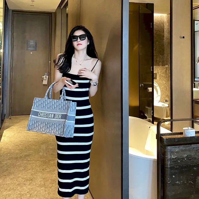 

Fonekie Suspender Dresses Women Tight Hip Wrap Spice Girl Long Skirts Summer Casual Slim Long Striped Ice Silk Knitted Dress