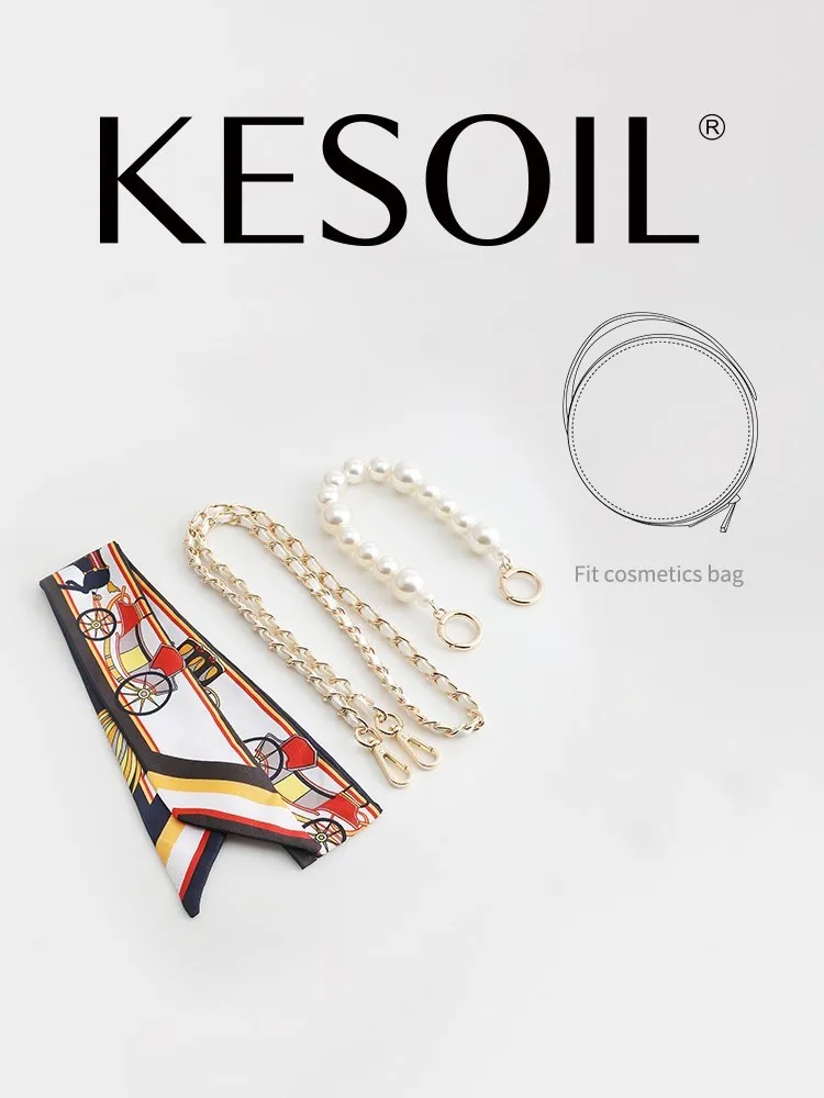 

Women's Round Cosmetic O Bag Underarm Bag Pearl Chain Silk Scarf Wear Leather Chain Combination Makeover Bag Accessories