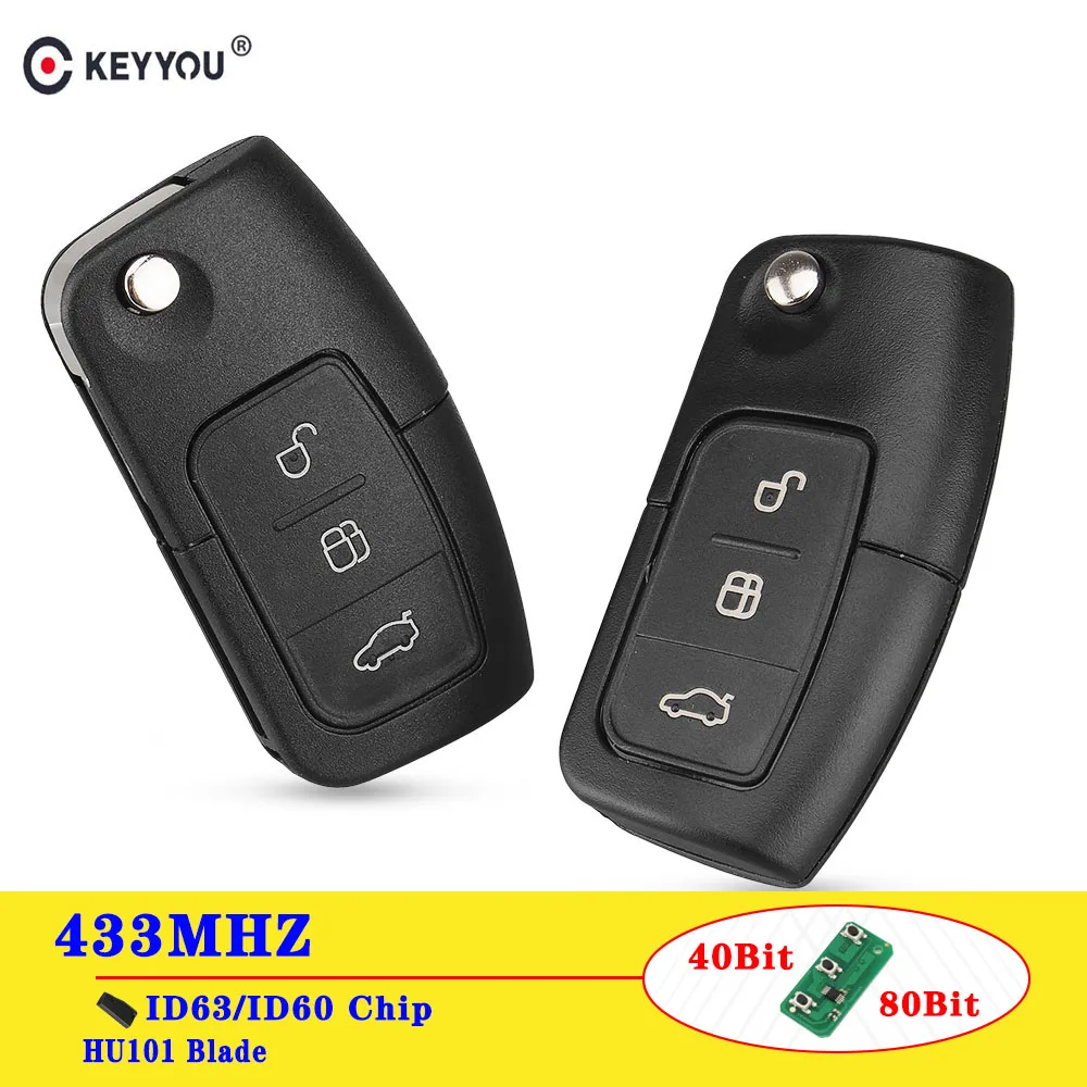 KEYYOU 433MHz 4D63/4D60 Chip Flip Remote Control Car Key For Ford Focus 3 2 Mondeo Fiesta Key Fob Case 3 Button 80/40 Bit