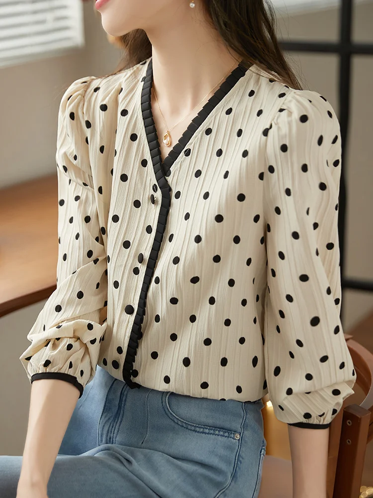 

French Style Polka Dot V Neck Apricot Blouse Women Spring Contrast Color Elegant Office Ladies Tops Shirts Long Sleeve
