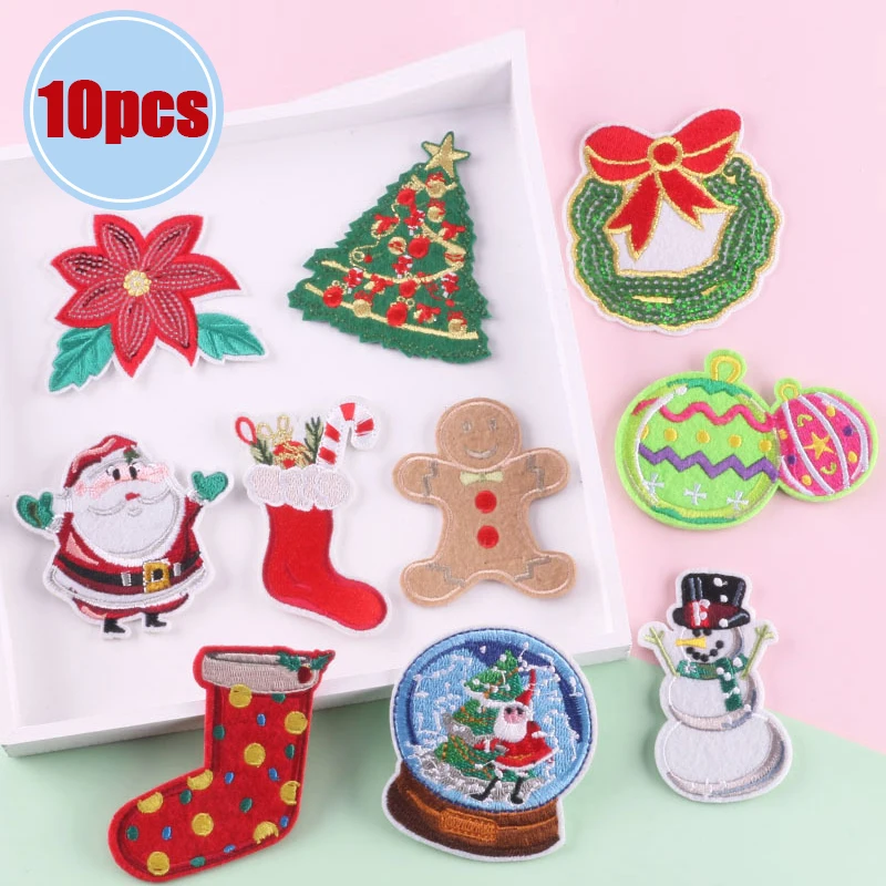 

10pcs Cartoon Embroidery Christmas Tree Applique Patches Santa Snowman Ironing The Patch Christmas Decorations for Clothing Bag