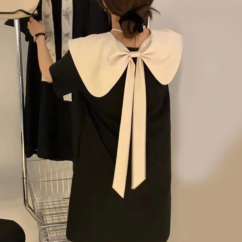 

Kawaii Short Dress for Girls Korean Chic Summer Contrast Color Double Wear Bowtie Loose Dress Simple Stright Knee Length Dress