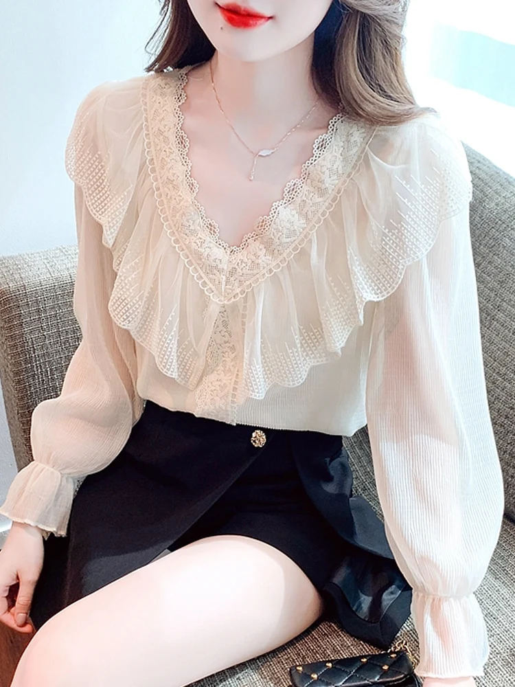 

Top Shirts Long Sleeve Blouse Women Ruffles Lace V-Neck Chiffon Blouse Shirt Tops Blusas Mujer De Moda 2023 Blouses Shirts Blusa