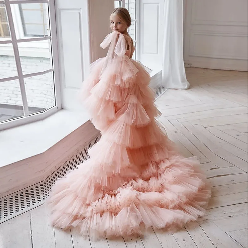 

Baby Pink High Low Flower Girl Dresses Tiered Ruffles Tulle vestidos de fiesta para bodas Girls Birthday Gowns for Wedding