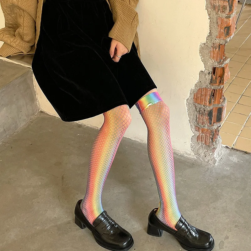 

Rainbow Striped Stocking Colorful Spice Girl Over Knee Stocking Hollow Out Sexy Mesh Sock Contrast Thigh Long Socks for Hot Girl