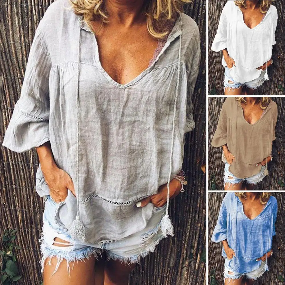 

Fashion Women Top V-neck Anti-fade Oversized Shirt Solid Color Loose Fit Distress Pullover Top