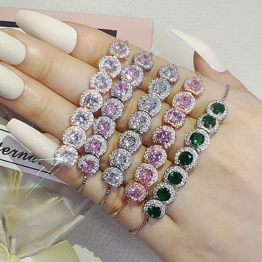 

New Luxury Green Pink Rose Gold Silver Color CZ Bracelet Bangle for Wedding Women on Hand Gift Jewelry Wholesale Bulk S5243