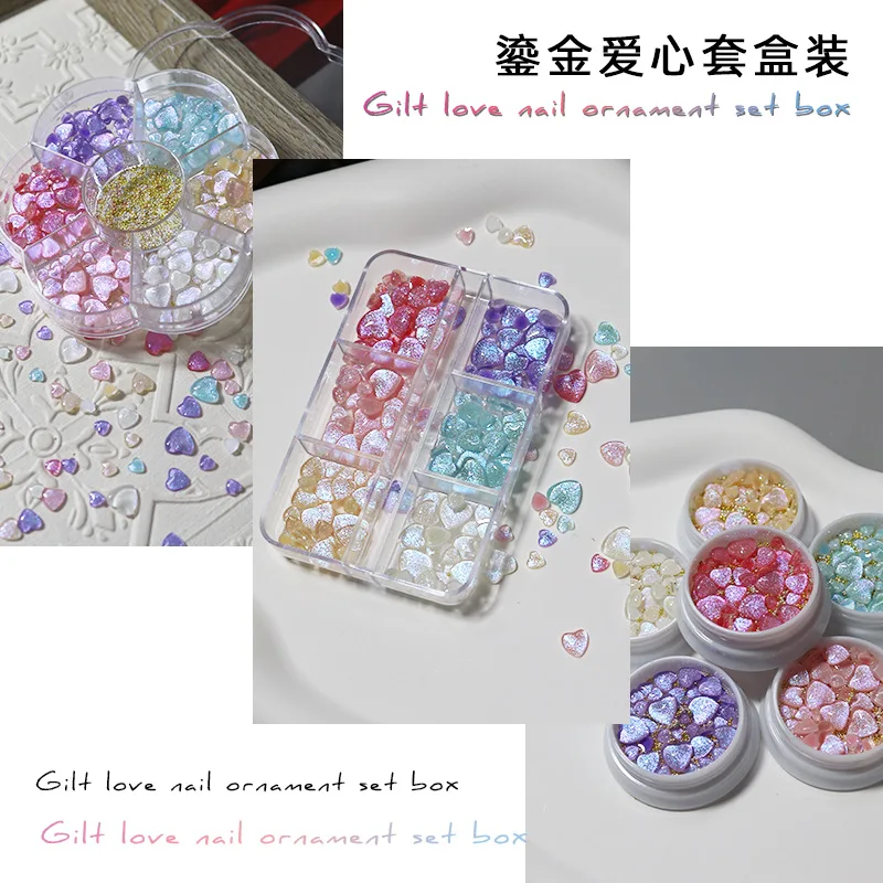 

1box Aurora Glitter Heart Nail Charms Rhinestones Japanese Resin Love Kawaii Accessories Nail Art Decorations Press on Nails DIY