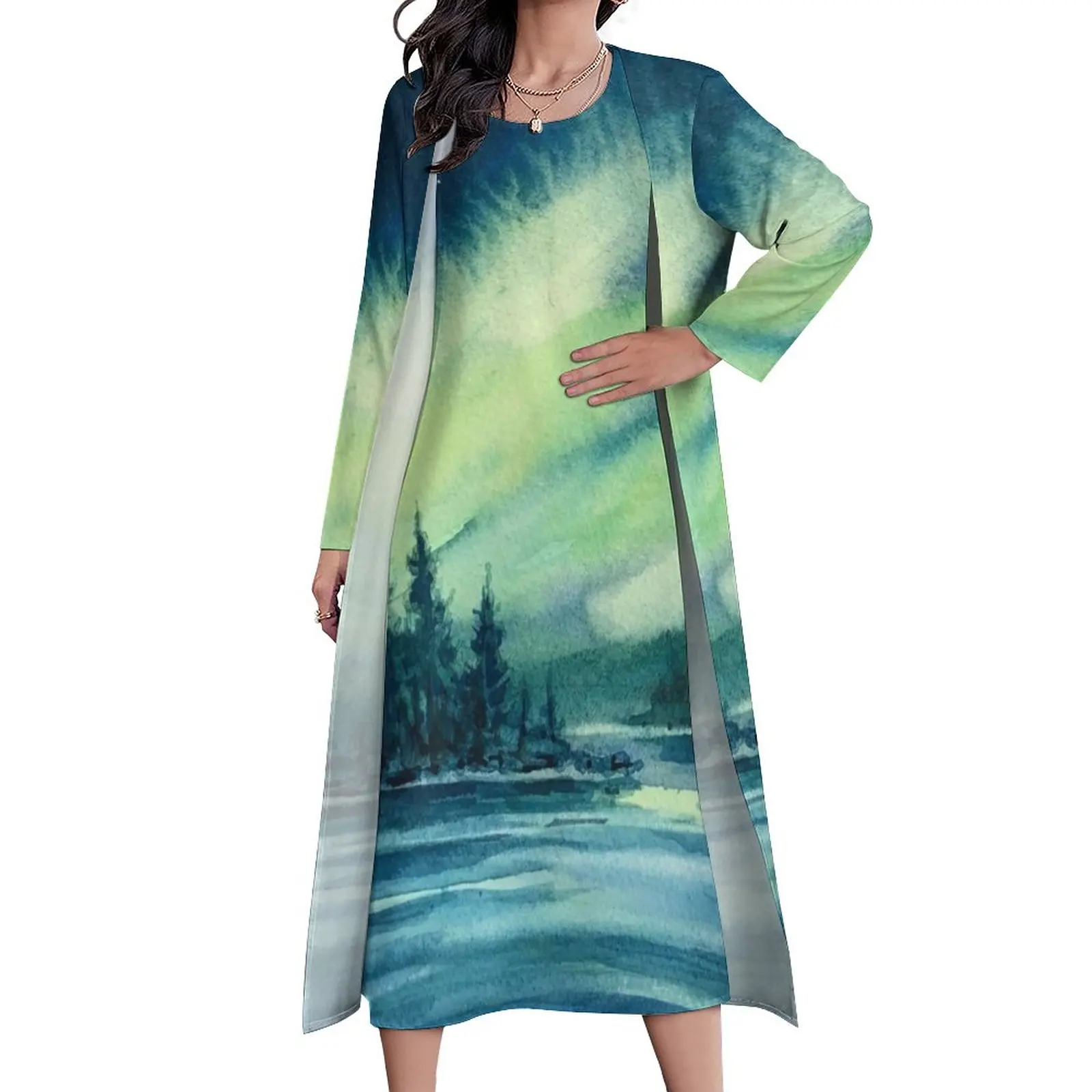 

Watercolor Sky Dress Spring Lake Northern Lights Street Wear Casual Long Dresses Female Custom Sexy Maxi Dress Big Size 5XL