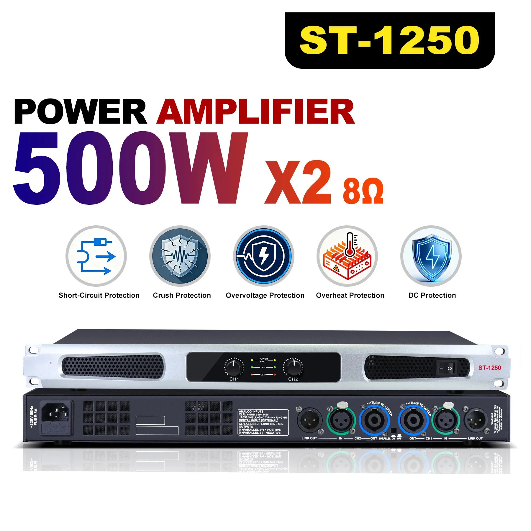 Фото Профессиональный усилитель мощности P ST-1250 ST-1450, 500 Вт*2/4-канальный стереофонический аудиоусилитель 8 Ом, THD 0.005% для KTV, сцены, домашнего кинотеатра №2