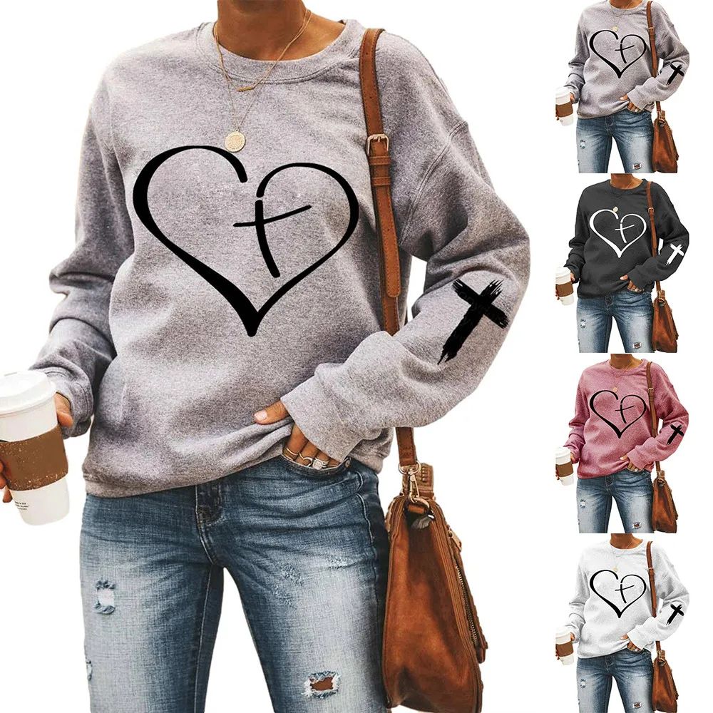 

Womens Heart Printed Long Sleeve Ladies Printed Pullover Crew Neck Loose Sweatshirt Casual Pullover Tops Outwear Clothes Shirt