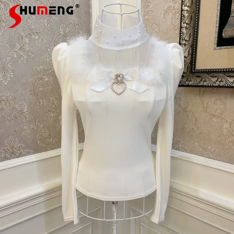 Зимние нежные футболки с перспективой воротником-стойкой и бантом плюшевые