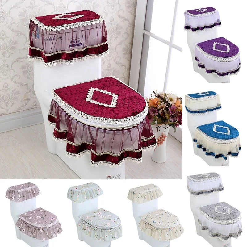 

3 PCS/Set Gold Velvet Lace Toilet Seat Cover Set Toilets U-Shaped Coat Home Bathroom Toilets Mat Tank Cover Toilet Cover Sets