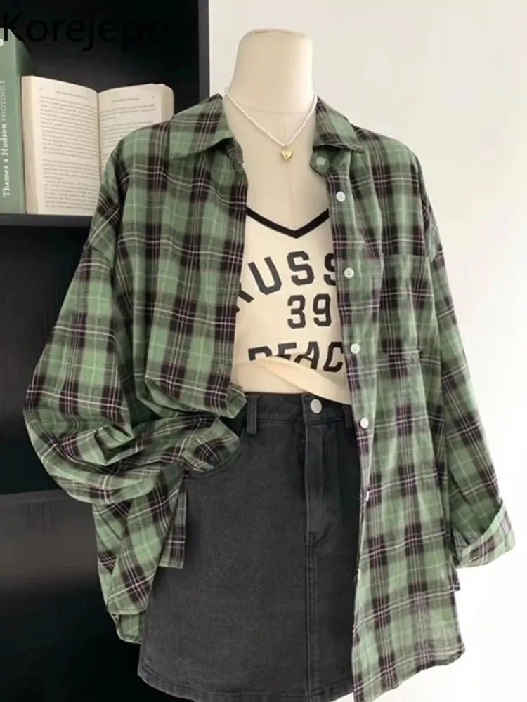 

Корейская винтажная зеленая клетчатая рубашка для женщин, сезон весна-осень, Солнцезащитный хлопковый льняной Топ, новинка 2022, свободная по...