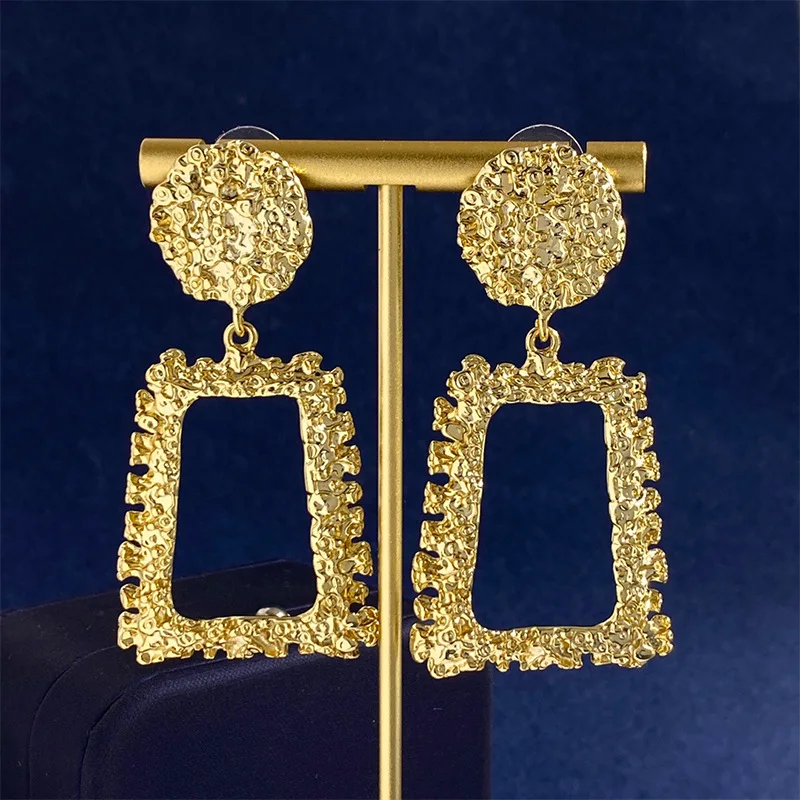 

Top Version Hollow Ladder Pendant Style Drop Earrings Gold Color Relief Design Hyperbole Big Earrings For Women Fashion Jewelry