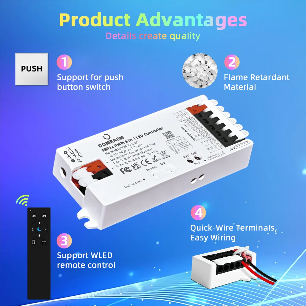 Фото Контроллер DOMRAEM WLED ESP32 PWM для аналоговой светодиодной ленты, 5-в-1 для 2/3/4/5/6 проводов, белый CCT RGB RGBWCCT, Alexa Google Home HA №5