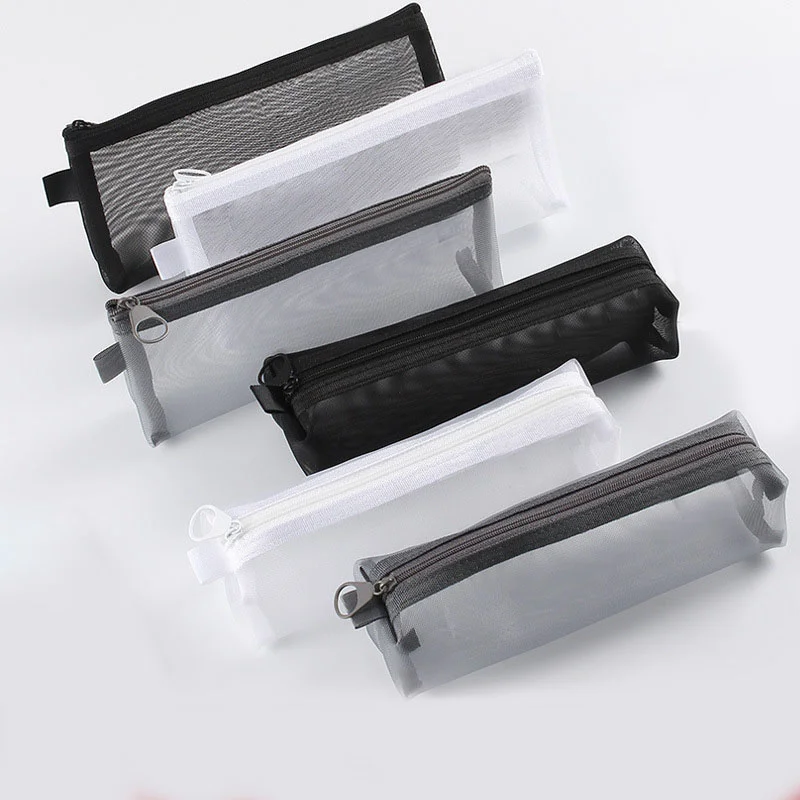 

1PC Makeup Bags Case White Gray Black Large Capacity Mash Transparent Cosmetic Brush Bags Students Long Style Nylon Pencil Case