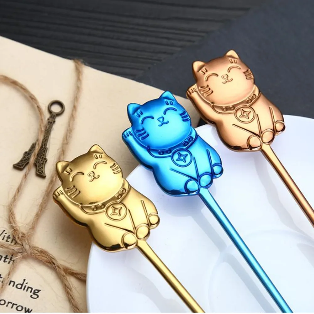 100 шт./лот ложка для кофе Lucky Cat красочная из нержавеющей стали десертов пудинга