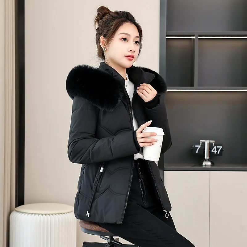Fashion Women's Hooded Cotton Jacket Winter Korean Female Temperament Soft Big Fur Collar Thickened Slim Warm Outerwear