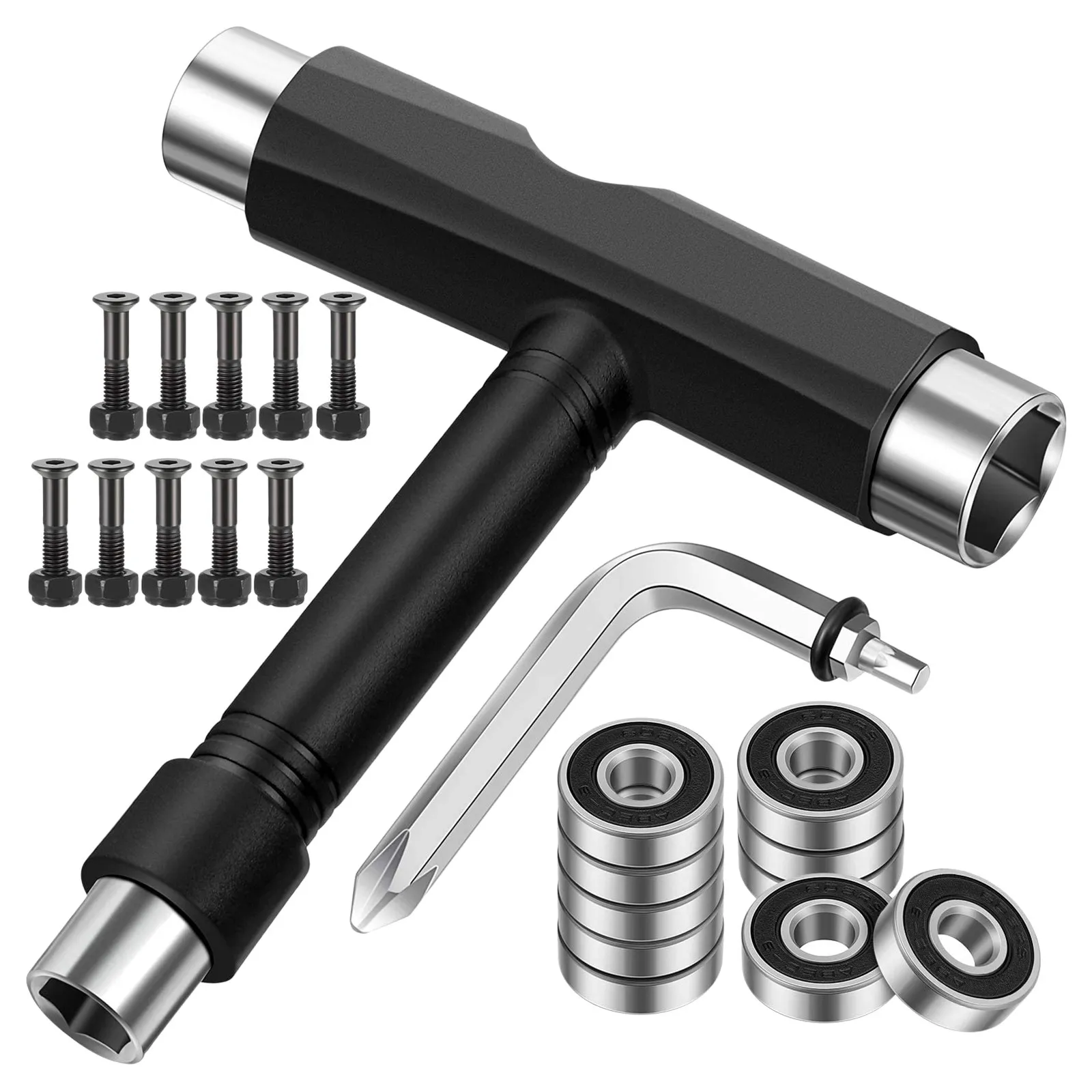 

22Pcs Multifunctional Skate Tools Portable Skate Accessories T Type Skate Tool,Skate Bearing,Skateboard Hardware Bolts