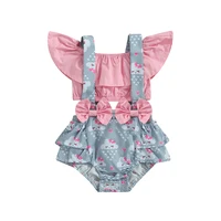 baby pink tops suit short sleeve off shoulder shirt cartoon cloud print suspender skirt shaped romper kid girls summer suit