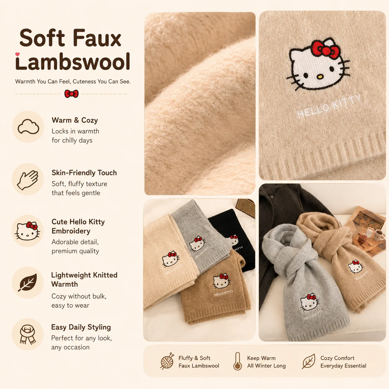 Фото Модный популярный новый мягкий вязаный шарф Sanrio Hello для осени и зимы, теплый шейный шарф для повседневных поездок, школы, путешествий, активного отдыха, подарок для девочек. №5
