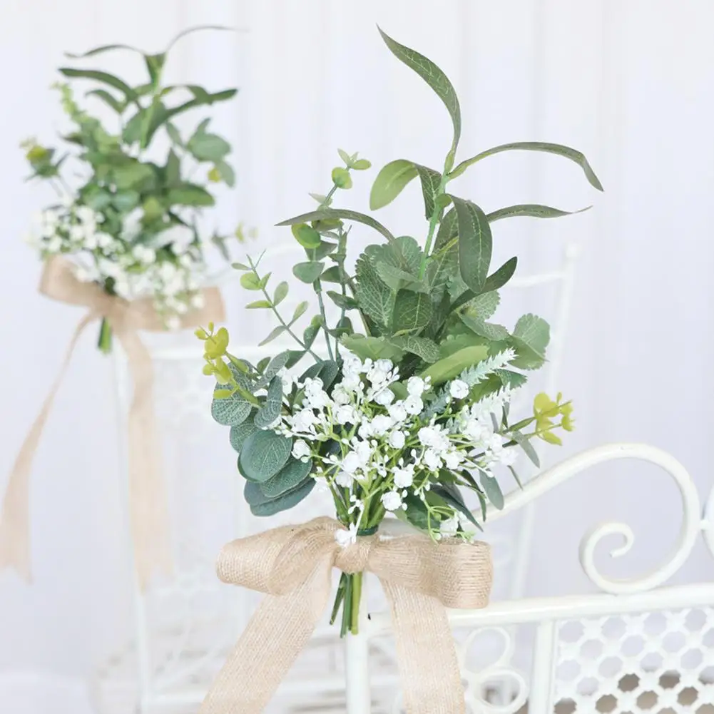 

Outdoor Wedding Chair Back Flower Eucalyptus Leaves Bow Aisle Flower Arrangement For Weddings Church Ceremony Party Chair Decor