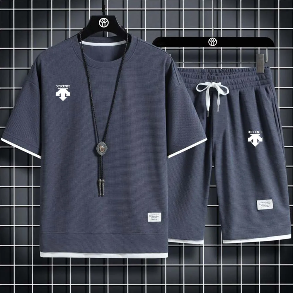 Summer brand new DESCENT men's sports T-shirt + shorts set brand casual breathable jogging pants hip-hop fashion clothing 2023