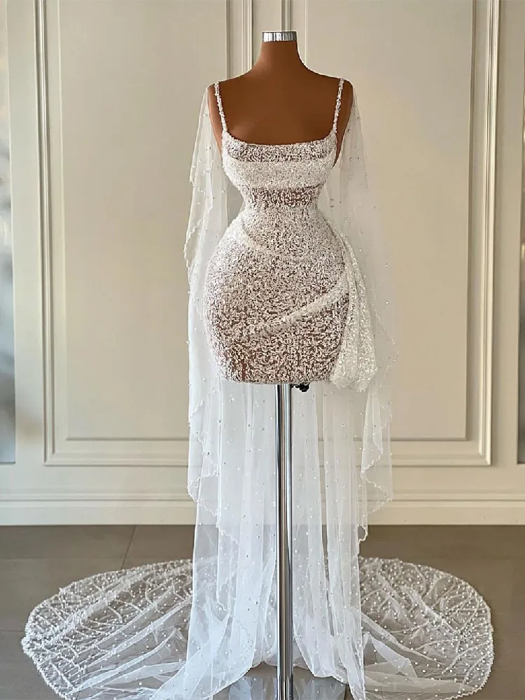 

Stylish Short Evening Dresses Bateau Sleeveless Straps Sequins Shawl Beaded Appliques 3D Lace Hollow Prom Dresses Custom Made