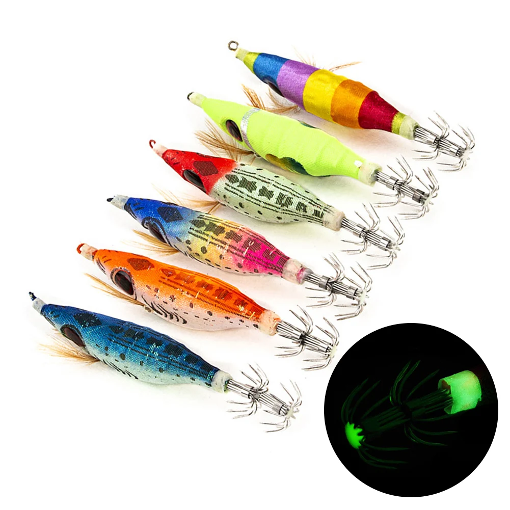 

6pcs/set 10cm Lifelike Fluorescent Squid Lure Hook Shrimp Squid Jig Bait Lures Hooks With Luminous Tail Sea Fishing Tackle Iscas