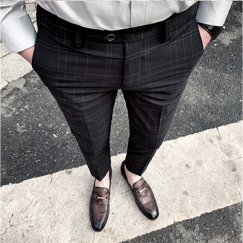

Брюки и штаны качественные мужские, Приталенные брюки в клетку, до щиколотки, деловой повседневный костюм, модная мужская одежда, осень-весн...