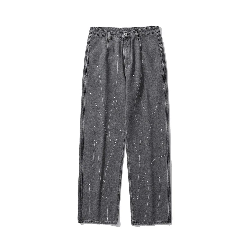 

Harajuku Retro Hip Hop Loose Straight Pants High Street Casual Pants Wide Leg Pants Splattered Graffiti Print Men's Jeans