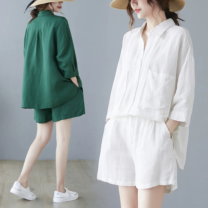 

Cotton Linen Suit Women's 2022 New Summer Loose Casual Work Shirt Wide Leg Shorts Two-piece Set