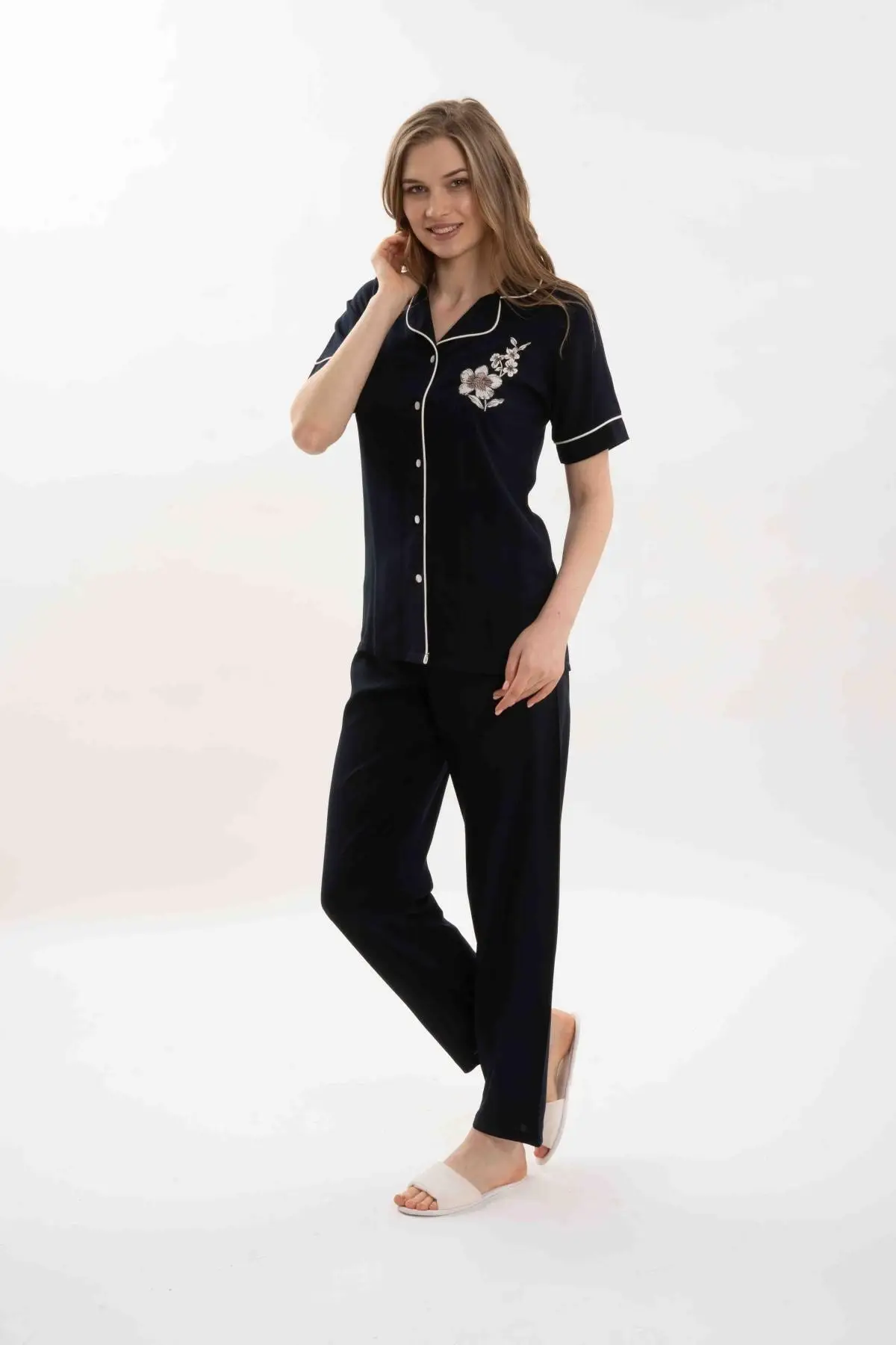 

Women's Sleepwear Bottom-Top Button Suit Home Clothes Pajamas Sets Autumn-Summer Collection Homewear