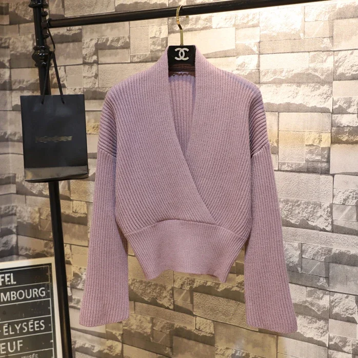 Женский трикотажный свитер желтый короткий в Корейском стиле с V-образным