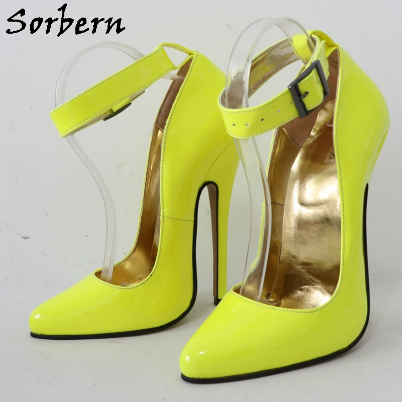 

Sorbern 16Cm High Heel Women Pump Neon Yellow Wide Ankle Strap Pointy Toe Stilettos Sexy Heels Party Shoe Footwear Custom Colors