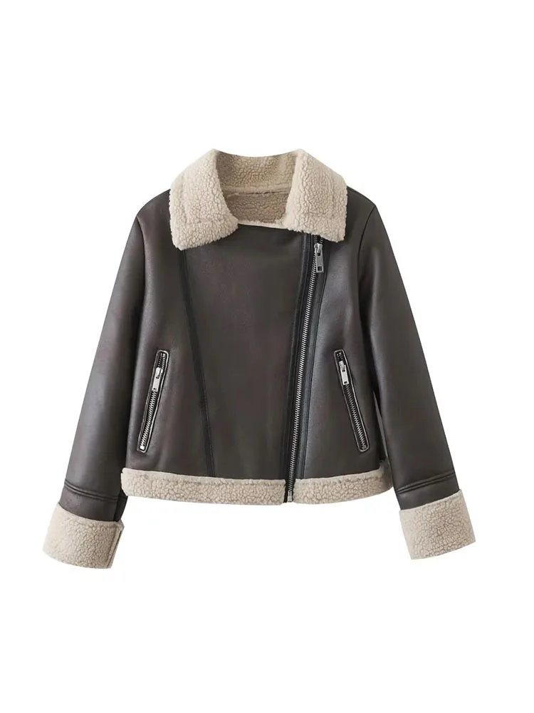 

Куртка женская из искусственной овчины на молнии с поясом и длинным рукавом