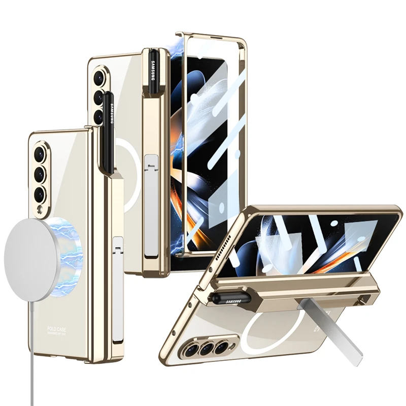 For Samsung Galaxy Z Fold 4 Case Plating Clear Magnetic Hinge For Magsafe Wireless Charging With Screen Glass (NO Charger)