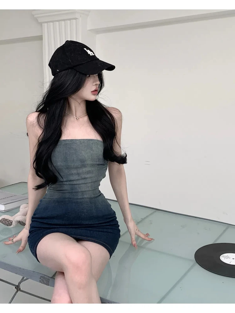 Летнее милое и острые Модное Новое постепенное джинсовое платье с бюстгальтером