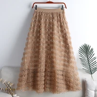 luxury high waist midi skirt women rose flower mesh korean style pleated skirts lady solid color charming kawaii skirt
