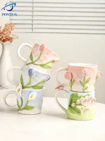 350ml Mugs 3D Hand-painted Flower Ceramic Coffee Cup TulipHandgrip Mug with Spoon for Breakfast Afternoon Tea Home Mug Drinkware