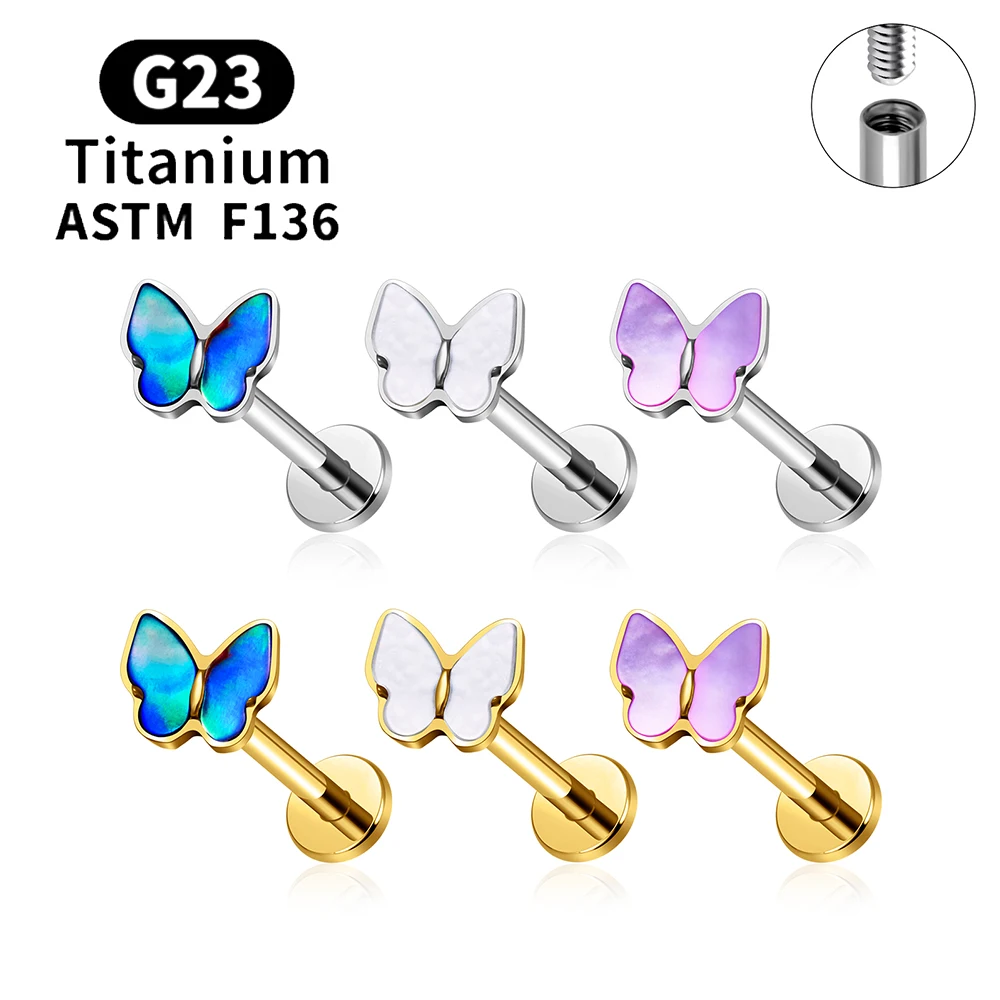 Фото Титановый серьга-бабочка ASTM F136, 16G, с плоской задней частью, для пирсинга уха (хлопушка, конч, трагус, хеликс), для женщин и девушек №1