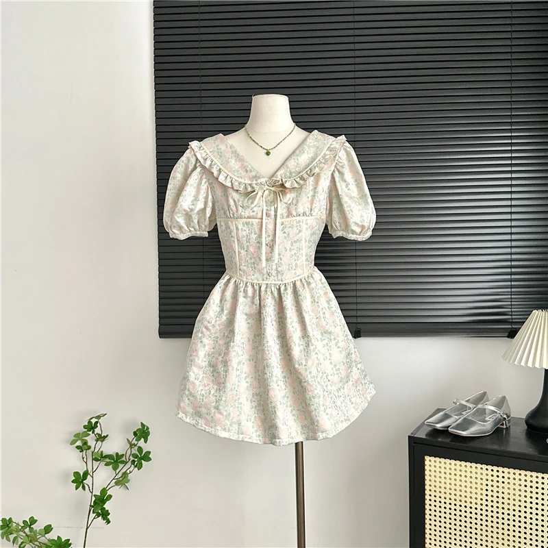 

Платья для женщин с цветочными оборками, кукольный воротник, пышные рукава, высокая талия, лето 2023, повседневное мини-платье