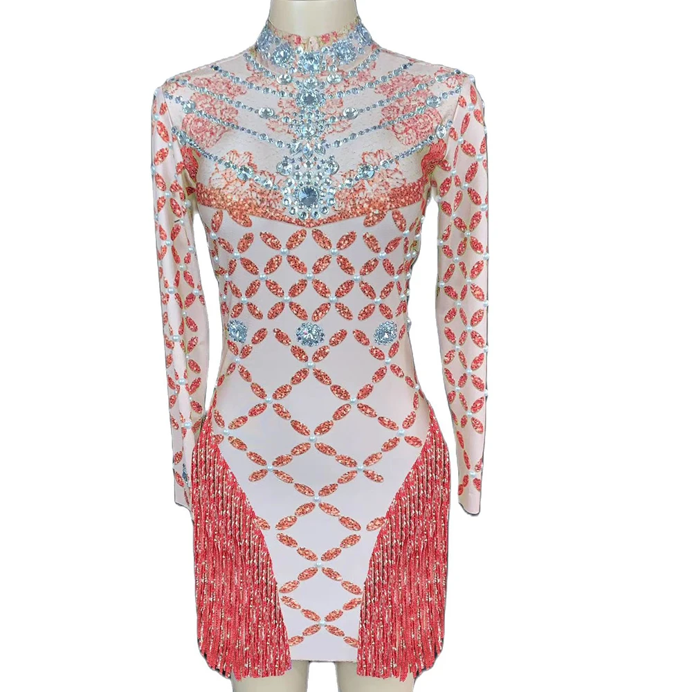 

Shining Rhinestone Sequins Tassel Dress Women Sexy Multicolored Dance Singer Stage Costume Party Club Bar Evening Outfits