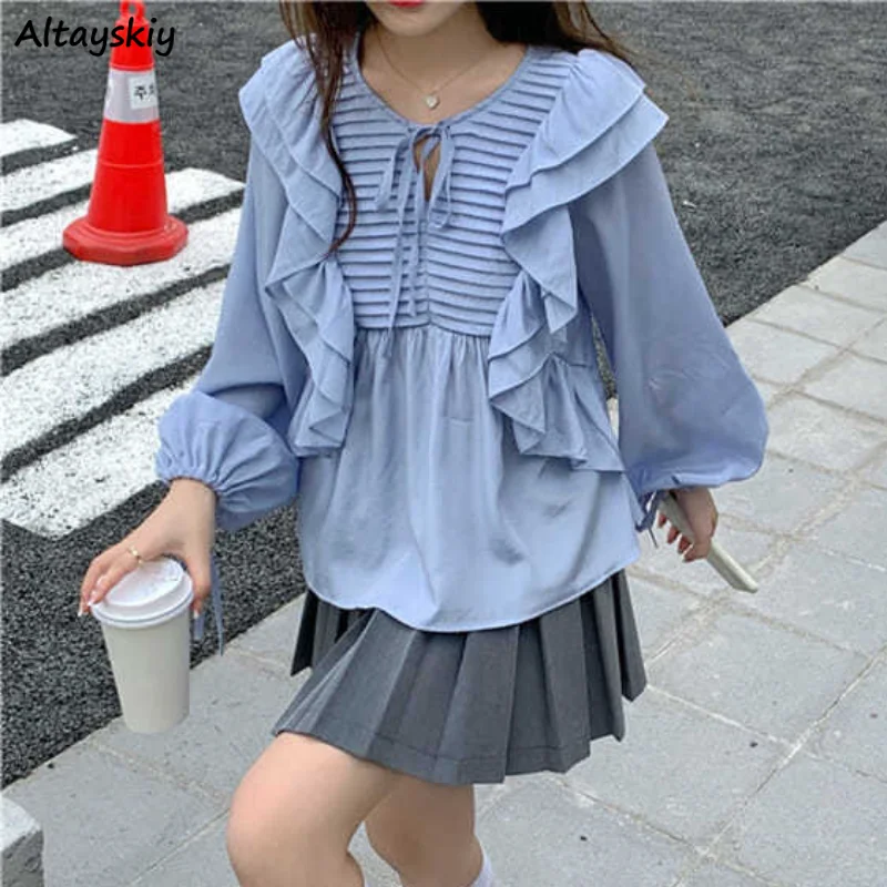 

Blouses for Women Solid Ruffles Spring Basic All-match Korean Style Fashion O-neck Long-sleeve Daily Simple Popular Newly Chic