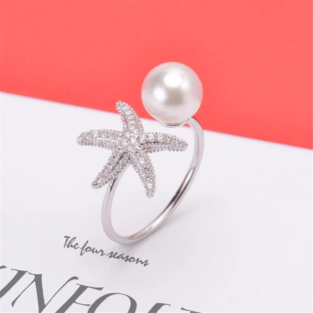

DIY Pearl Ring Accessories empty holder S925 sterling silver natural pearl Ring holder Starfish style with 7-9mm round beads