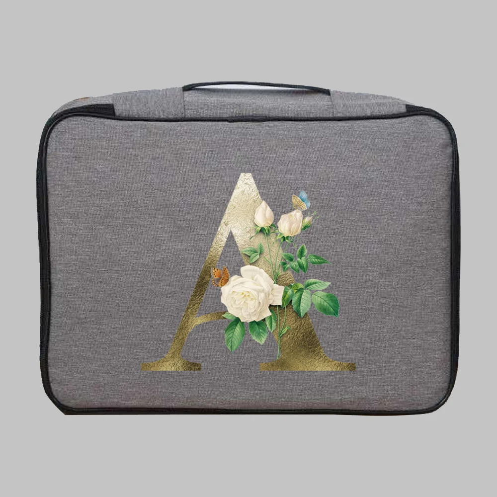 Document Storage Bag Organizer Golden Flower Letter Print A B Files Card Folder Holder Tool Case Handbag Home Office Accessories
