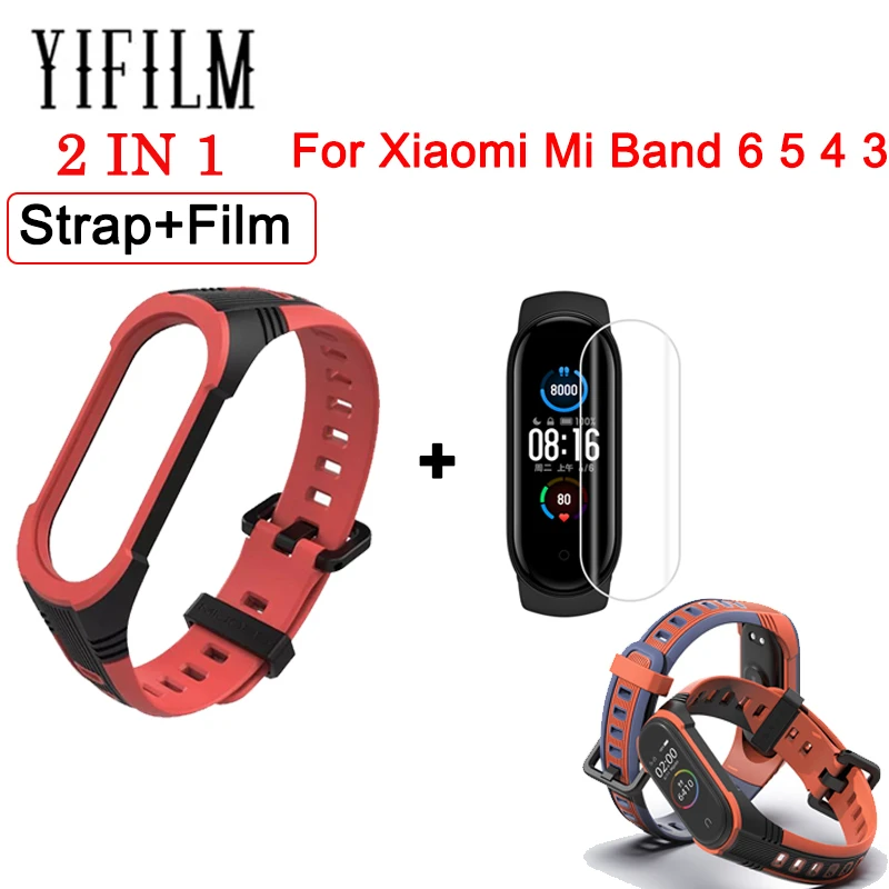 

Sport Silicone Bracelet+Film For Xiaomi Mi Band 3 4 5 6 Anti-scratch Double Color Watch Strap For MiBand 6 5 4 3 Watch Accessory