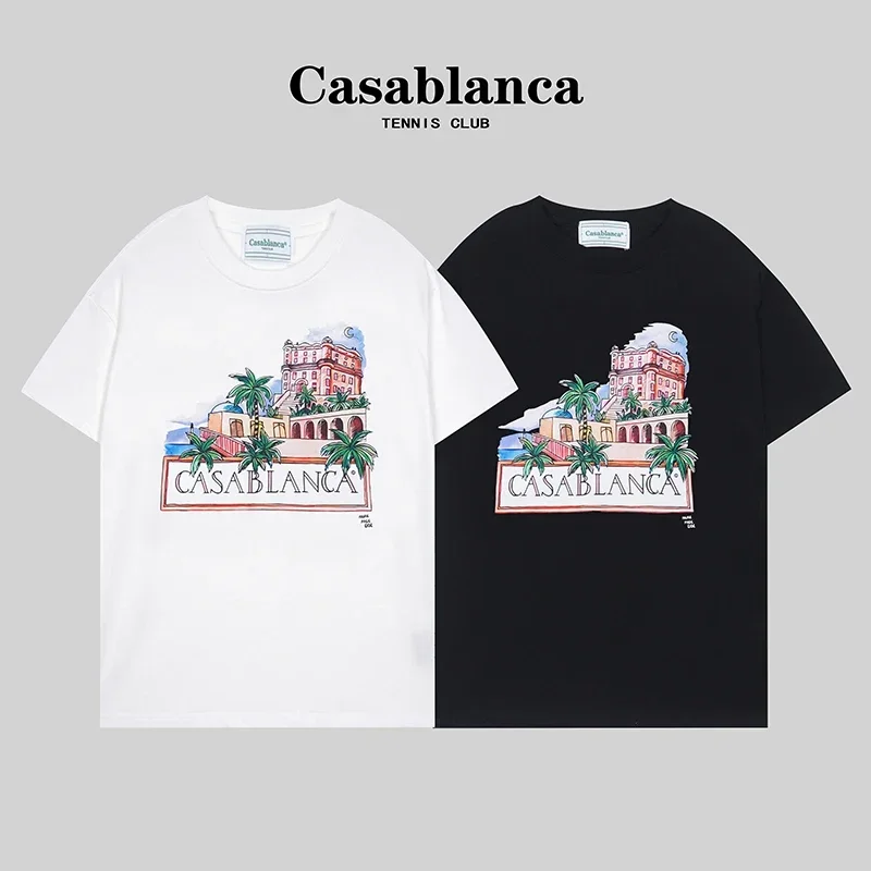 

2024 NEW High Quality Casablanca Logo T Shirt Men Tropical Elements Art Text Digital Casa Blanca Print Harajuku Anime T Shirts